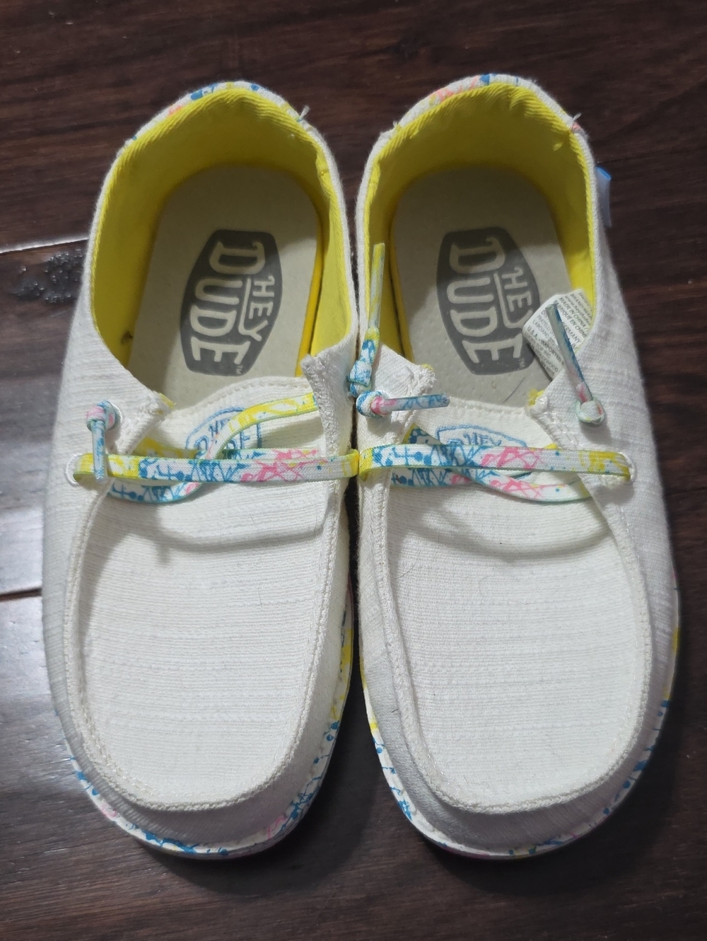 Hey Dude Kids White Canvas Slip-Ons with Yellow Lining and Multicolor Trim